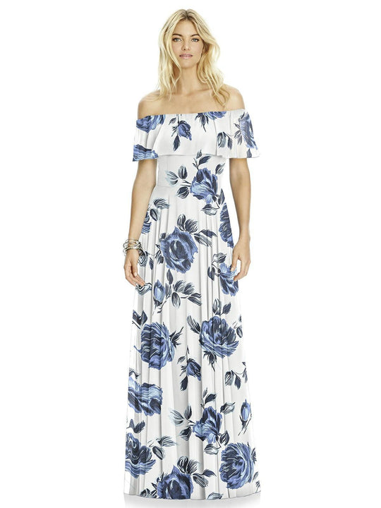 After Six - 6763 Floral Print Ruffled Off-Shoulder A-line Dress In Multi-Color and Print