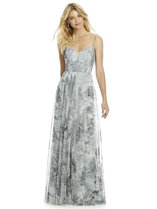 After Six - 6766PRNT Sweetheart Pleated A-Line Evening Dress In Gray