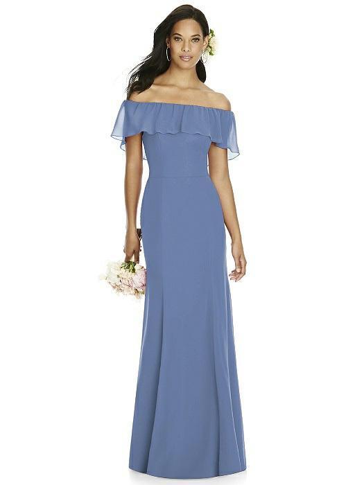 Social Bridesmaids - 8182 Ruffled Off-Shoulder Evening Dress In Blue