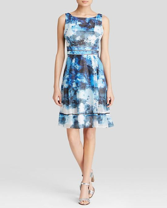 Adrianna Papell - 12242570 Cloud Print Bateau Cocktail Dress in Blue and Multi-Color