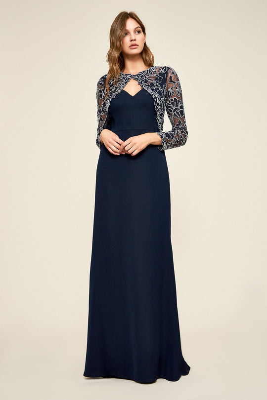 Tadashi Shoji - Long Sleeve Embroidered Tulle Long Sheath Gown In Blue and White