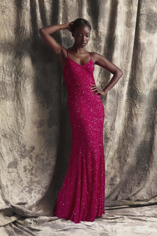 Theia - 881312 Sequined Spaghetti Strap Evening Dress in Pink