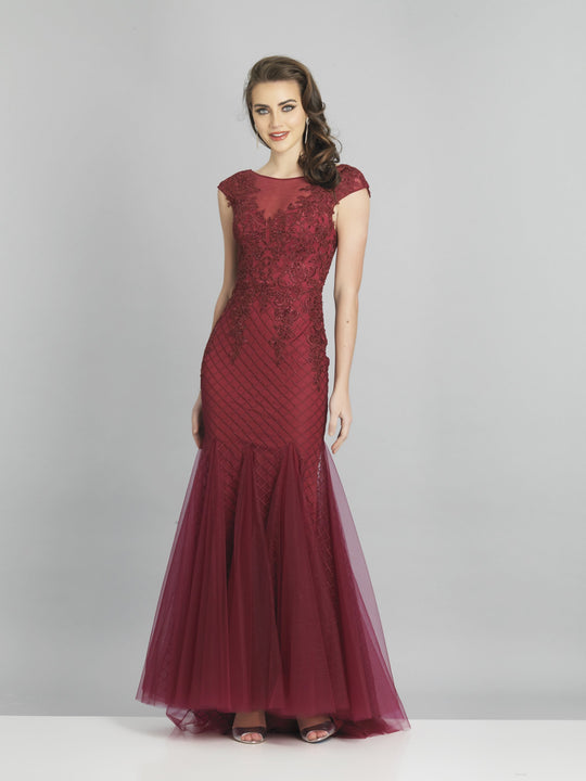 Dave & Johnny - A8813 Cap Sleeves Embellished V-Back Mermaid Gown In Red