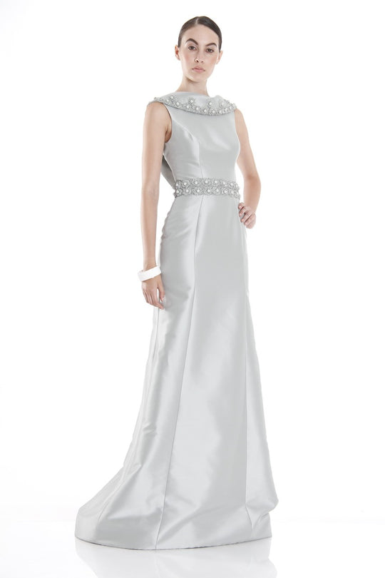 Theia - 881879 Beaded Cowl Collar Evening Gown in Silver