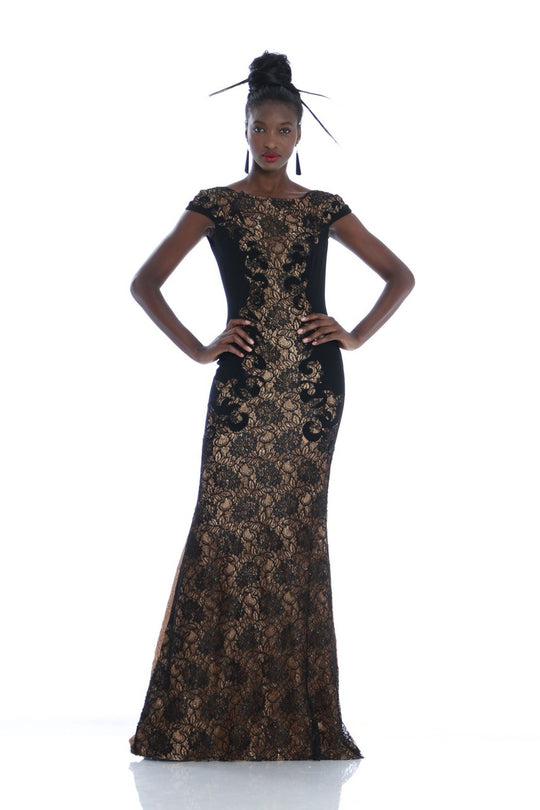 Theia  - 882045 Bateau Neck Lace Cap Sleeves Long Gown in Black