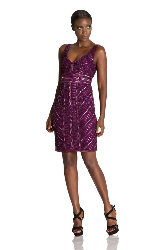 Theia - 882104 Sequined Sleeveless Mesh Cocktail Dress in Red