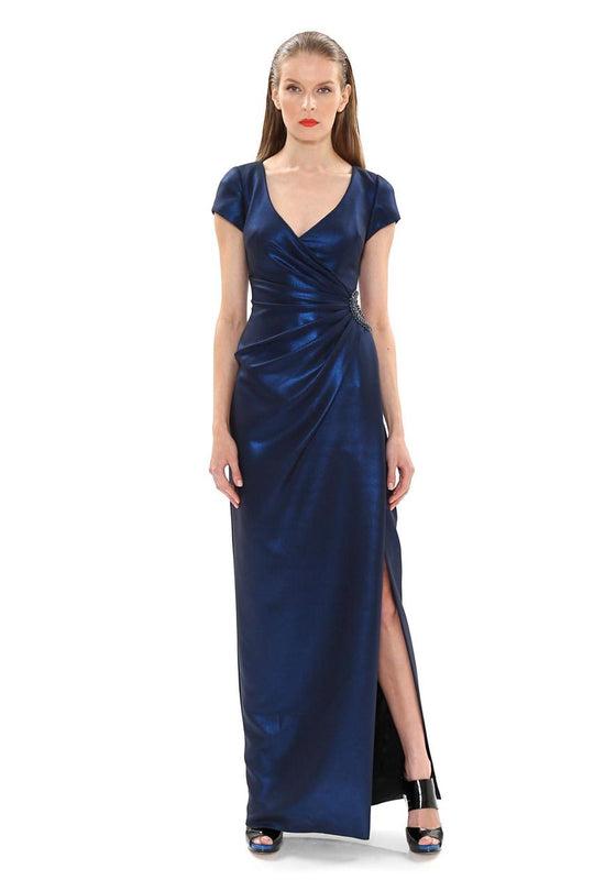 Theia - 882152 Surplice Neck Shimmer Evening Dress in Blue