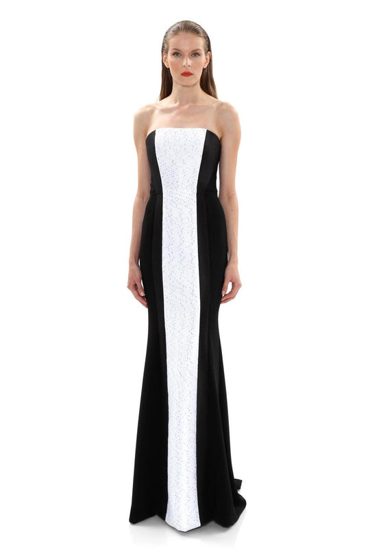 Theia - 882253 Sleek Strapless Panel Evening Dress in Black and White