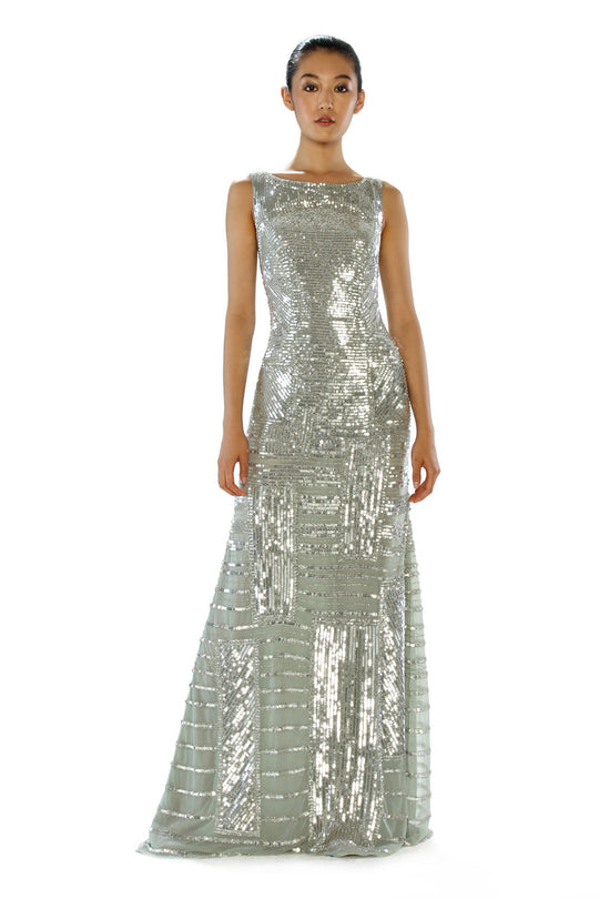 Theia - Sequined Bateau Neck Dress 882323 in Silver