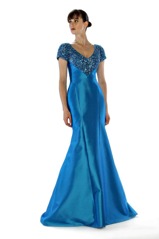 Theia - 882335 Embellished V-Neck Shantung Evening Dress in Blue