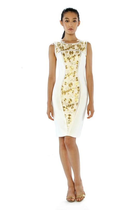 Theia - 882391 Gilded Embroidered Sheath Cocktail Dress in White and Gold