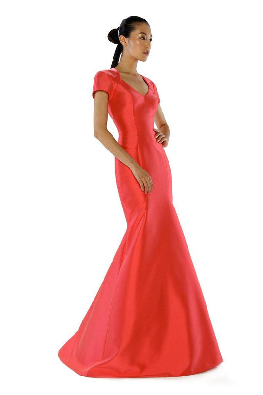 Theia  - 882403 Queen Anne Cap Sleeves Trumpet Gown in Orange