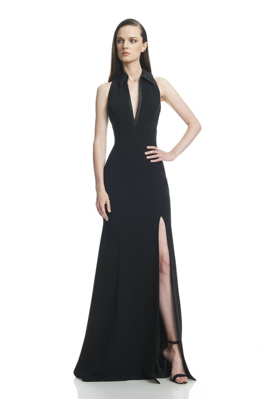 Theia  - 882432 Collared V Neck Long Dress with Slit in Black