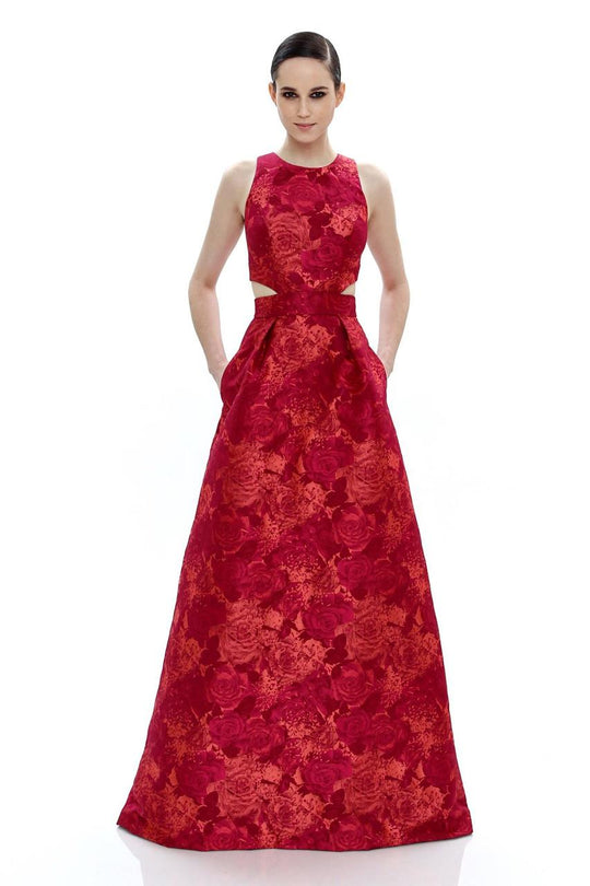 Theia - Floral Jewel Neck Dress 882438 in Red