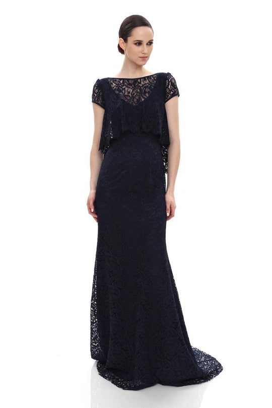 Theia  - 882445 Lace Bateau Neck Cap Sleeves Trumpet Dress in Blue