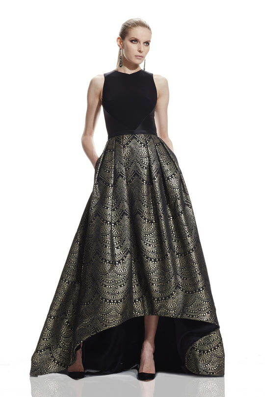 Theia - 882517 Sleeveless Cut Away Hi-Lo Pleat Evening Dress in Black and Gold