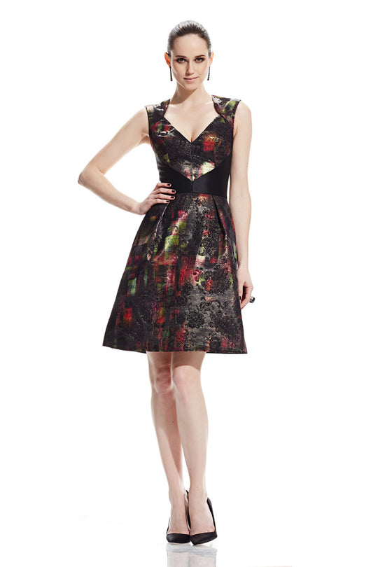 Theia - 882519 Metallic Tartan Plaid Cocktail Dress in Black and Multi-color