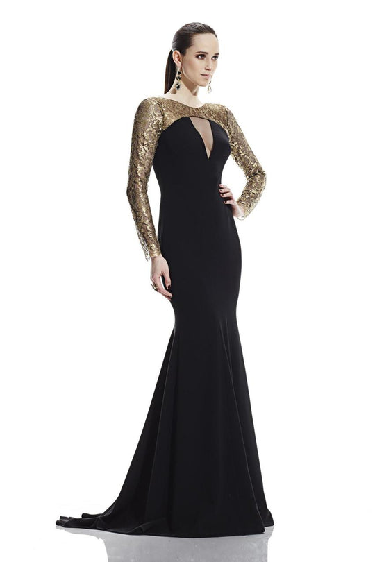 Theia - Lace Sleeve Mermaid Gown 882520 in Black and Gold