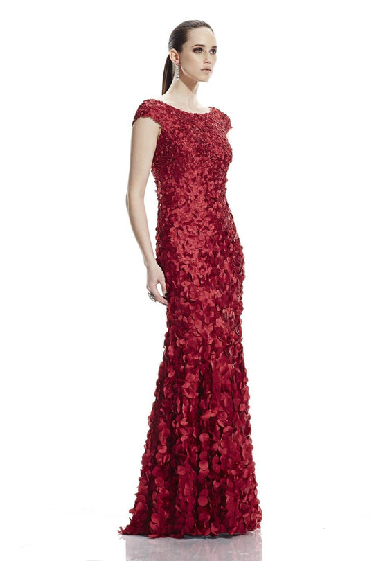 Theia - 882531 Shimmering Petal Boatneck Evening Dress in Red