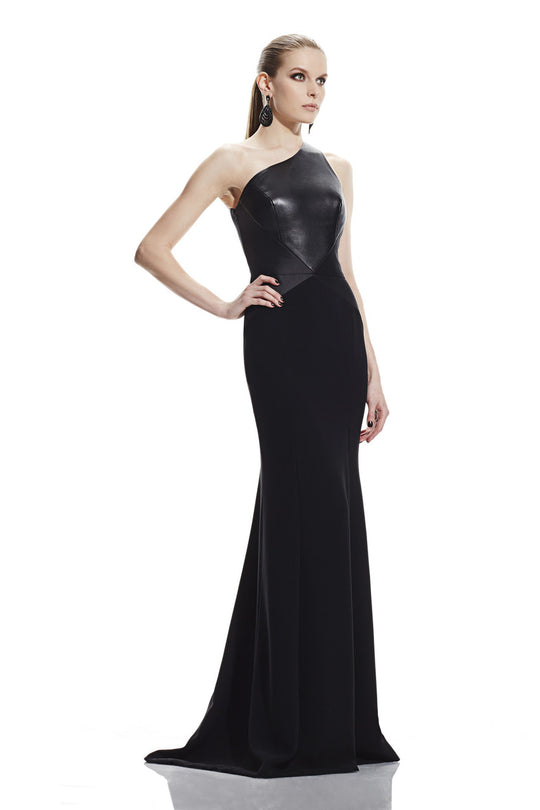 Theia - 882561 One Shoulder Faux Leather Evening Dress in Black