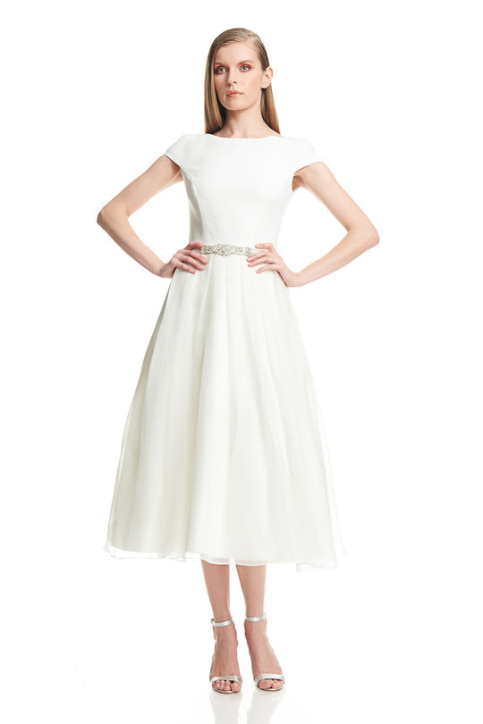 Theia - 882577 Silky Bateau Cap Sleeve Pleated Dress in White