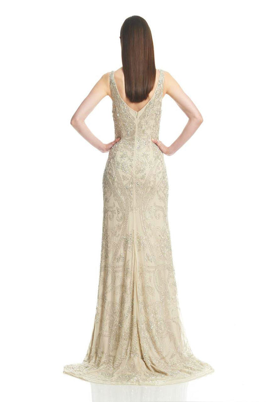 Theia - V-Neckline Beaded Gown 882595 in Neutral and Silver