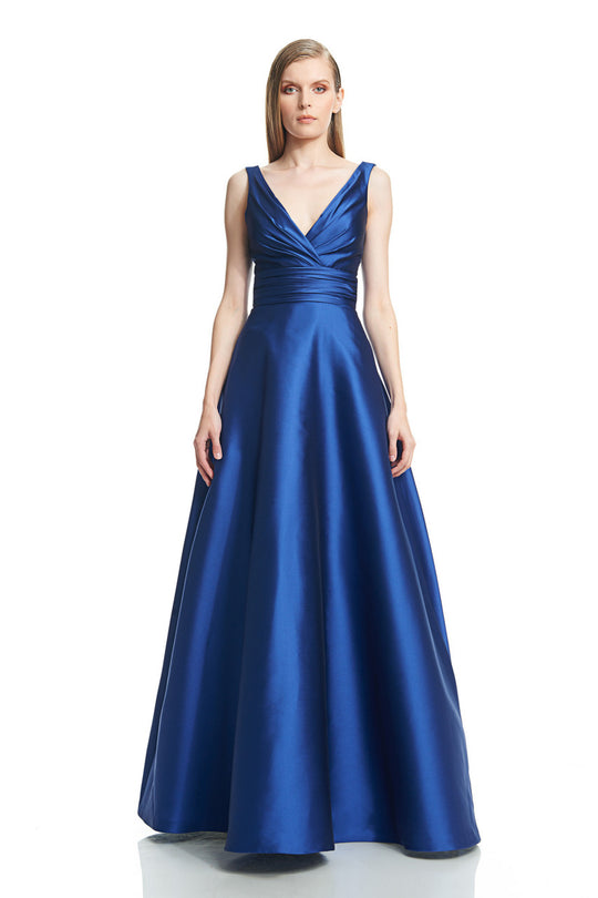 Theia - 882654 Draped V-Neck Satin Evening Dress in Blue