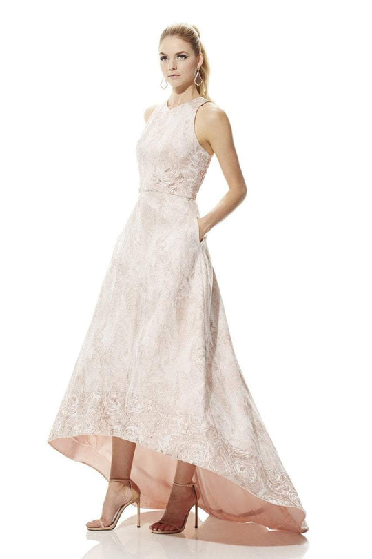 Theia - 882709 Shimmering High Low Jacquard Ball Gown in Pink