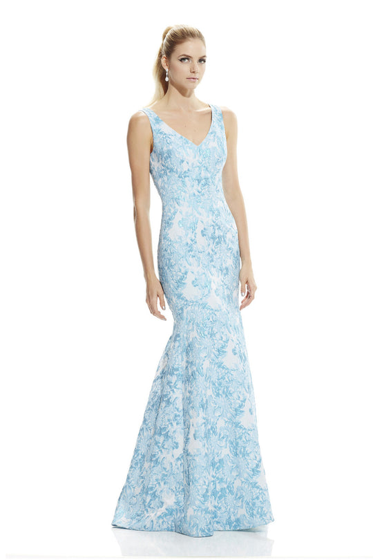 Theia - 882716 Sleeveless V-Neck Brocade Evening Gown in Blue