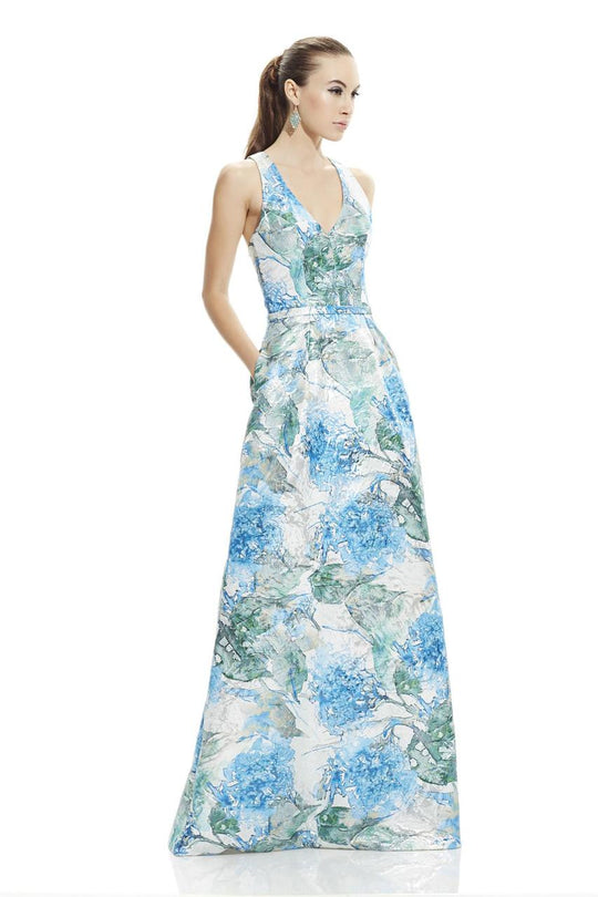 Theia - 882757 Floral Printed A-Line Long Gown in Blue