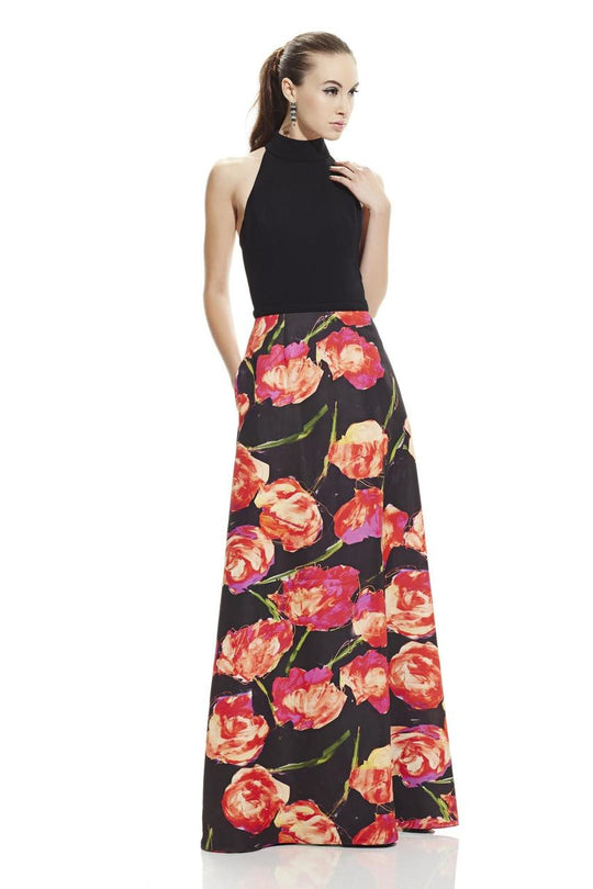 Theia - Floral Print Long Dress 882808 in Black and Floral