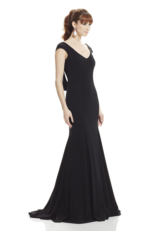 Theia - 882820 Cap Sleeve Cowl Back Stretch Evening Gown in Black