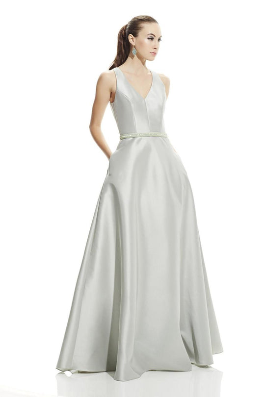 Theia  - 882822 Sleeveless V Neck A-Line Gown with Embellished Belt in Silver
