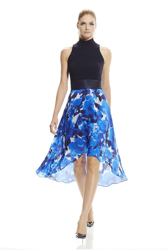 Theia - 882825 Cutaway High Neck Crepe bodice with flowy printed in Blue and Black
