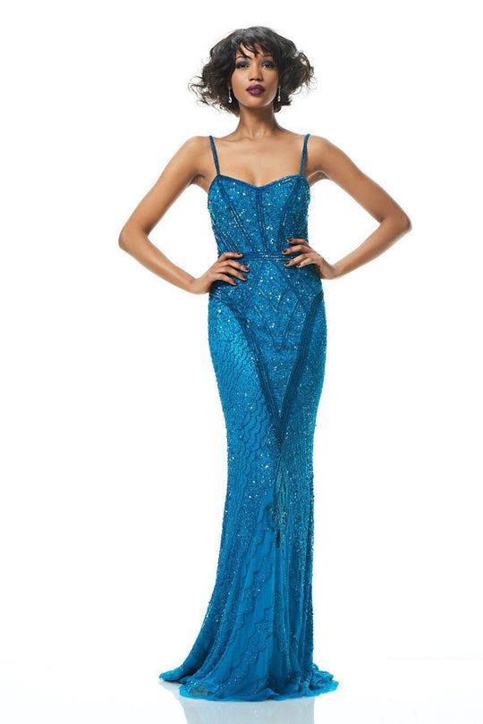 Theia - 882921 Sequined Mesh Long Gown in Blue
