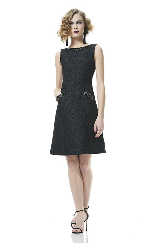 Theia - 882976 Bateau Matelasse Jacquard Dress  in Black