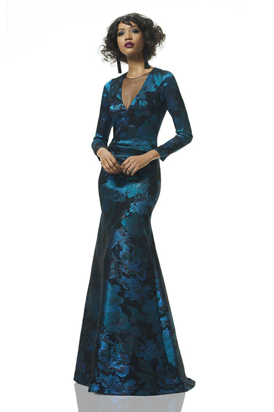 Theia  - 882988 V Neck Long Sleeves Floral Trumpet Gown in Blue and Black