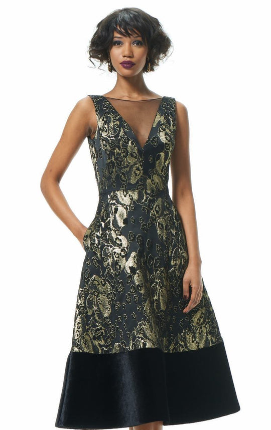 Theia - 883006 Sleeveless Illusion Metallic Jacquard Suede Dress in Black and Gold