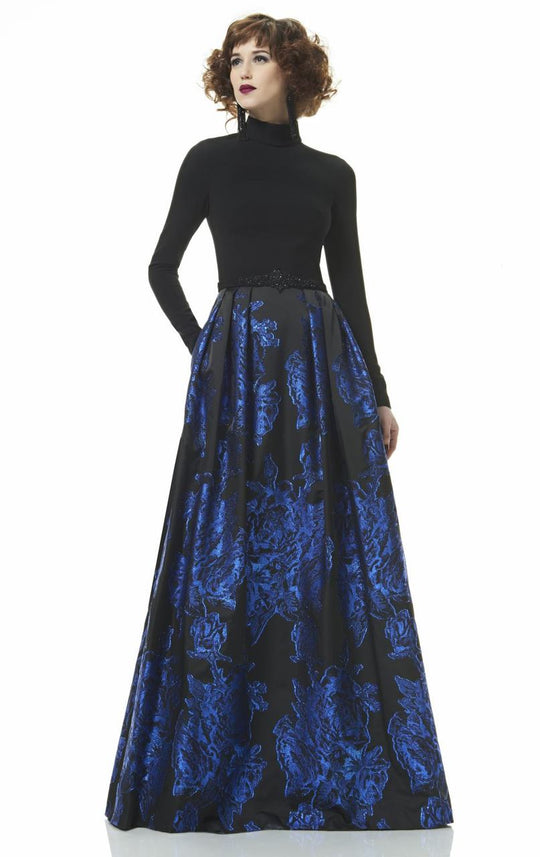 Theia  - 883053 High Neck Long Sleeves Pleated A Line Long Gown in Black and Blue