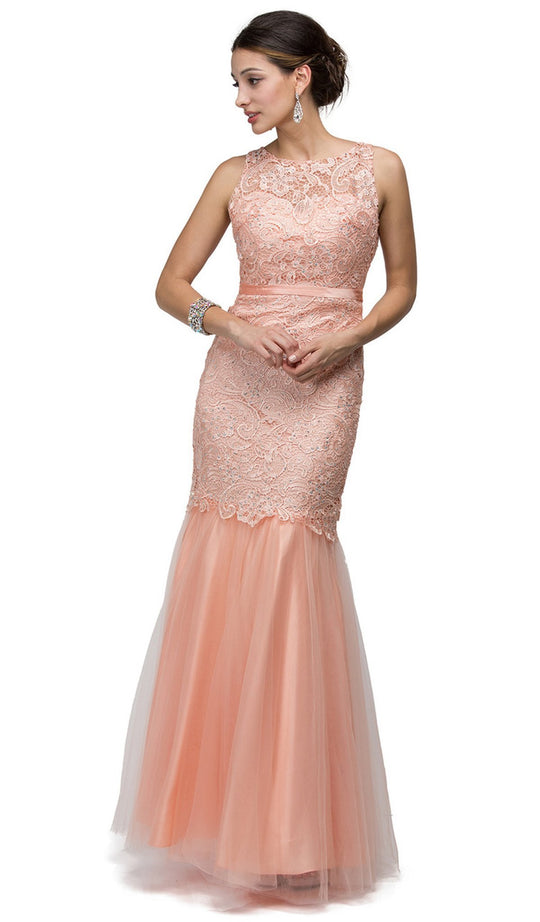 Dancing Queen - 8851 Beaded Lace Open Back Mermaid Evening Dress in Orange