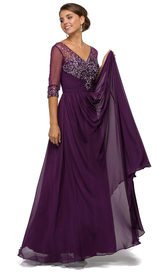 Dancing Queen - 8855 Jewel Embellished Quarter Sleeve Illusion Evening Dress In Purple
