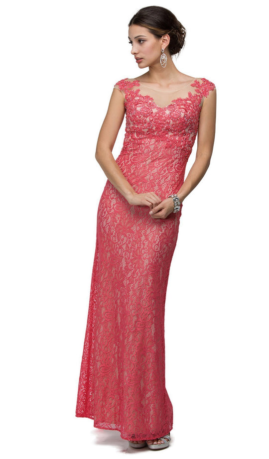 Dancing Queen - 8880 Cap Sleeve Illusion Bateau Lace Evening Dress In Pink