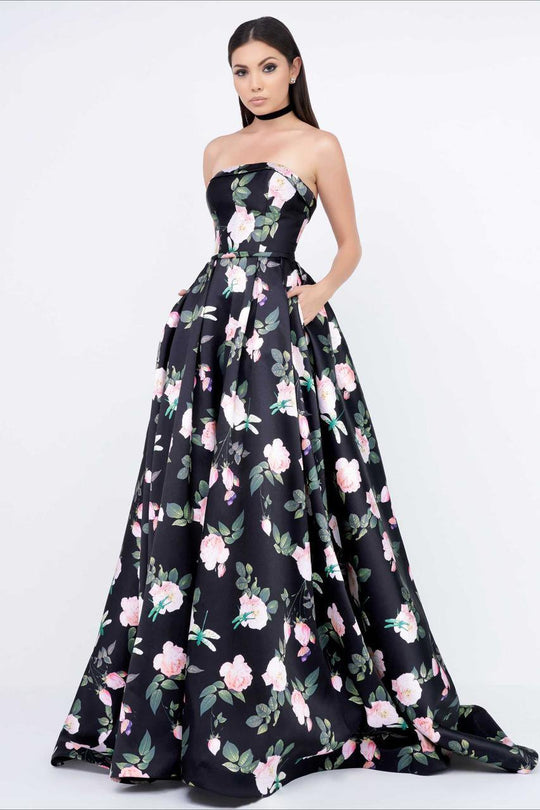 Ieena Duggal  - Bustier Gown Style 8882I in Black and Print