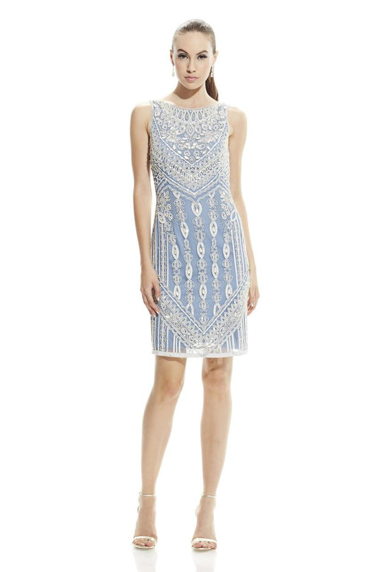 Theia - Bateau Neckline Embellished Short Dress 882661 in Blue