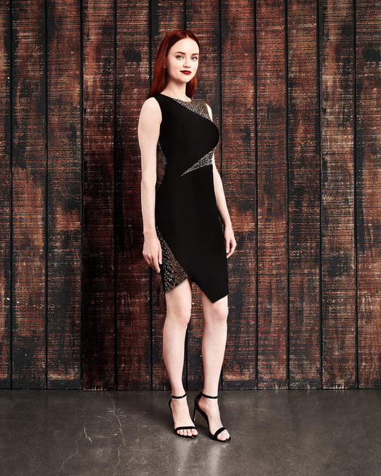 Alexander by Daymor - 890 Crystal Beaded Bateau Knee Length Fitted Dress In Black