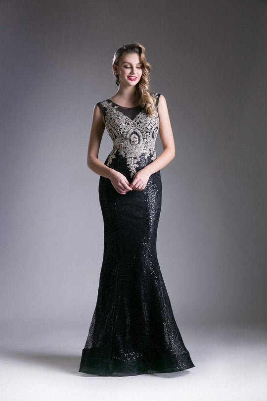 Cinderella Divine - 8933 Cap Sleeve Metallic Appliqued Mermaid Gown In Black and Gold