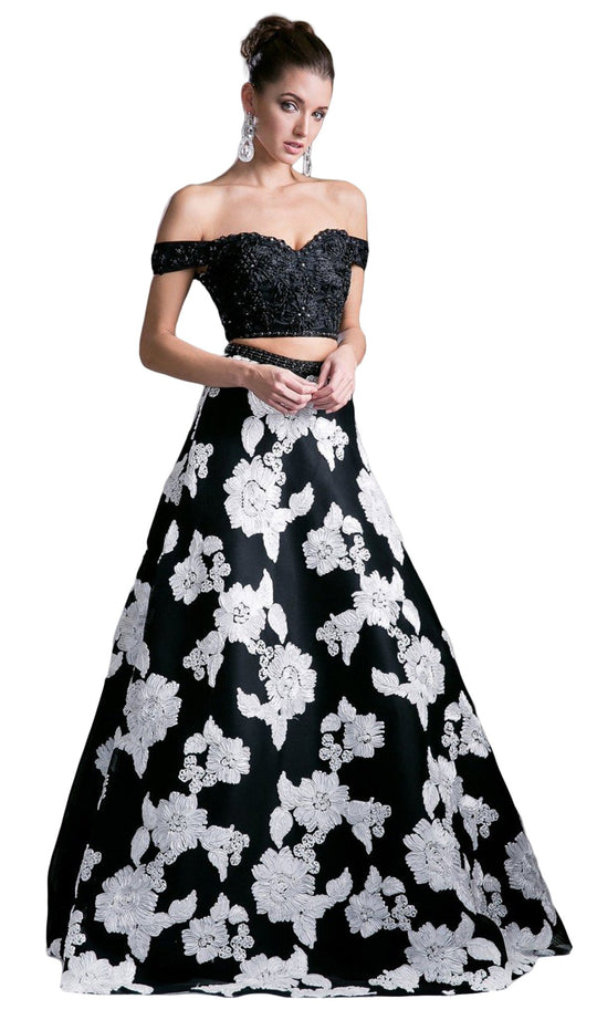 Cinderella Divine - 8945 Beaded Lace Bodice Floral A-Line Gown In Black and Floral