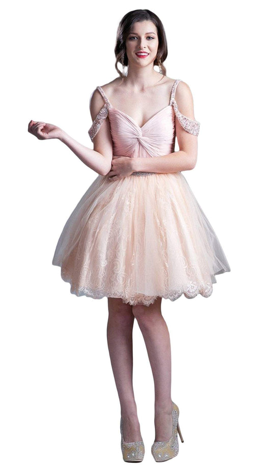 Cinderella Divine - 8947 Twist Front Beaded Lace Dress In Pink