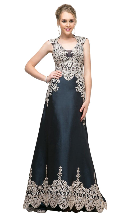 Cinderella Divine - 8979 Embroidered Lace Queen Anne Dress In Blue and Neutral