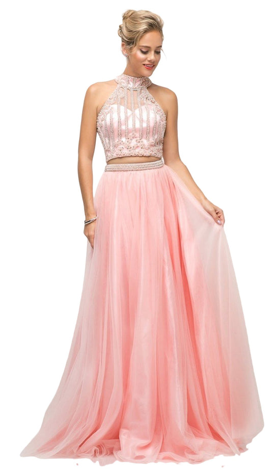 Cinderella Divine - 8994 Beaded Illusion High Halter A-Line Gown In Pink